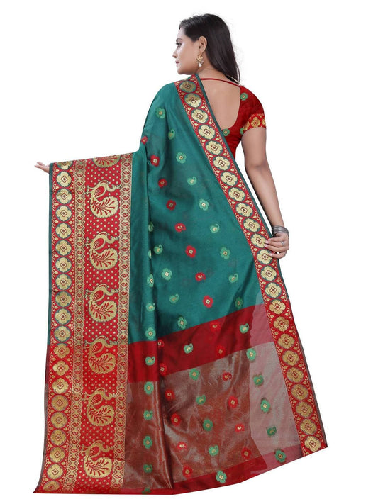 Vamika Banarasi Cotton Silk Rama Green Weaving Saree | Swadesiicart