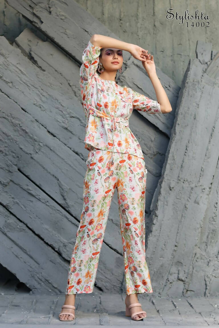 Women's Partywear Designer White & Multi Muslin co-ord set - Stylishta - Swadesiicart
