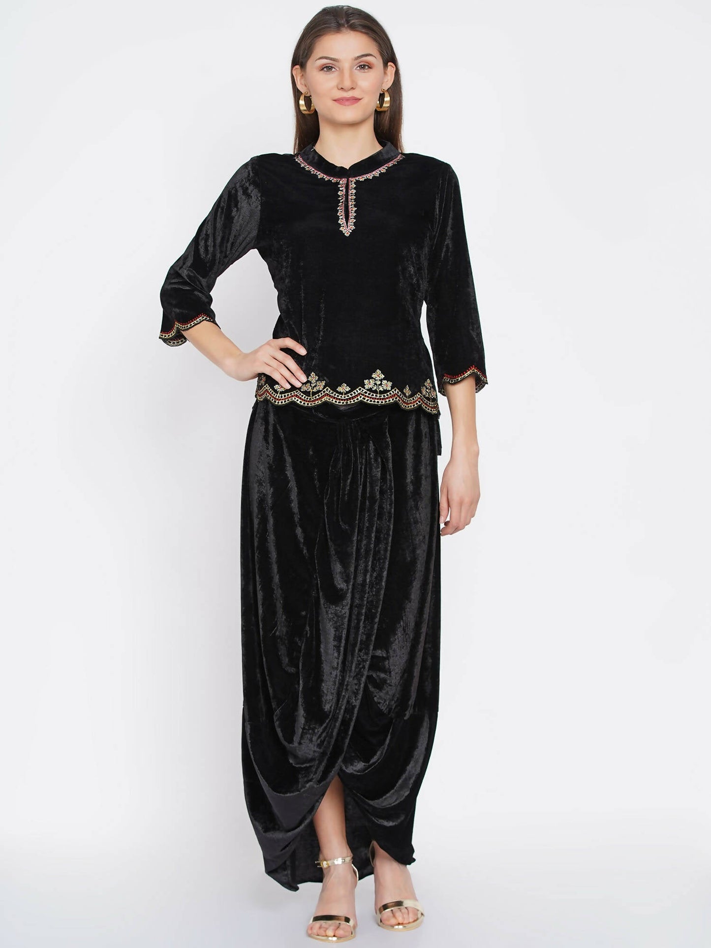 Women Republic Black Velvet Embroiderd Koti With Dhoti Pants | Swadesiicart