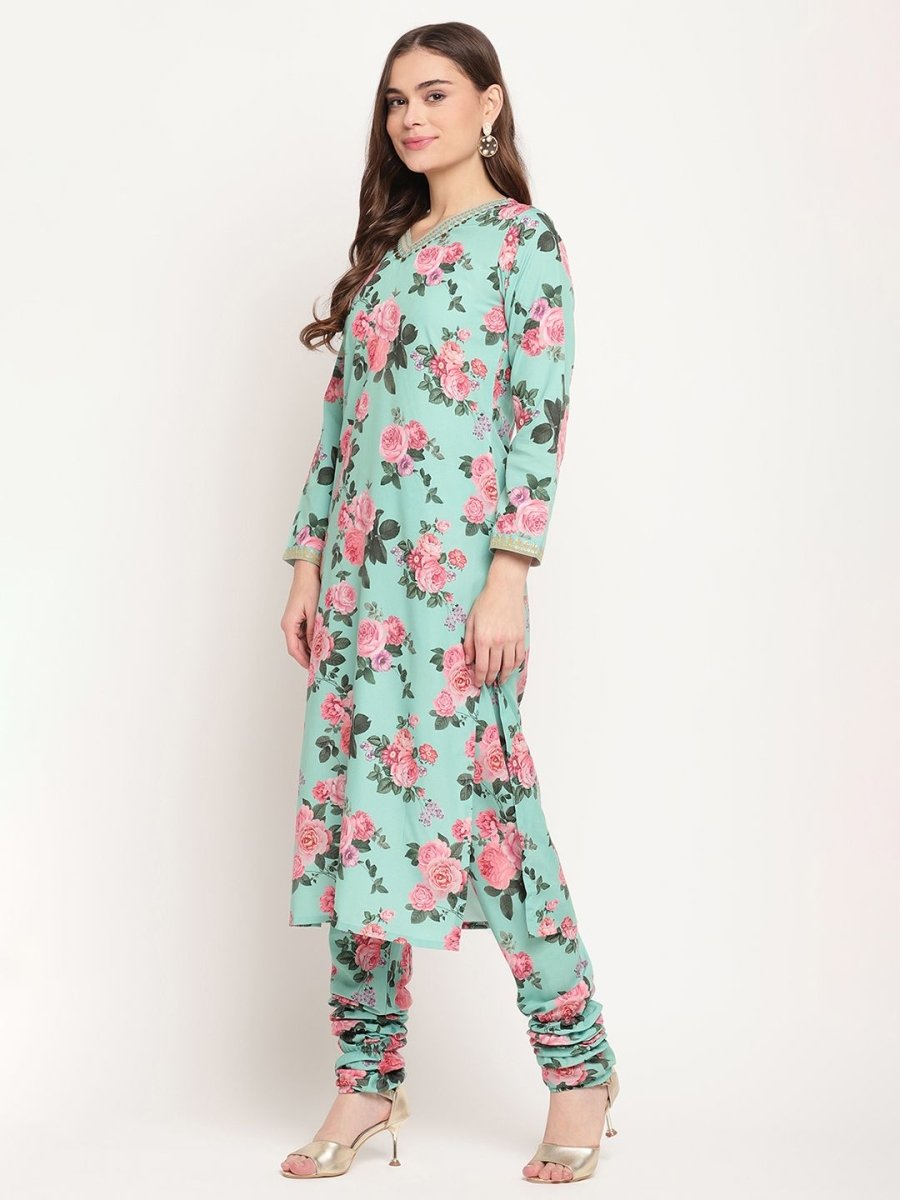Ahalyaa Women Green Floral Printed Regular Kurta Churidar Set & With Dupatta | Swadesiicart