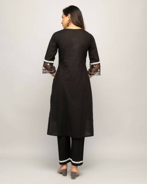 FIORRA Women's Black Cotton Straight Kurta Palazzo Set - Swadesiicart