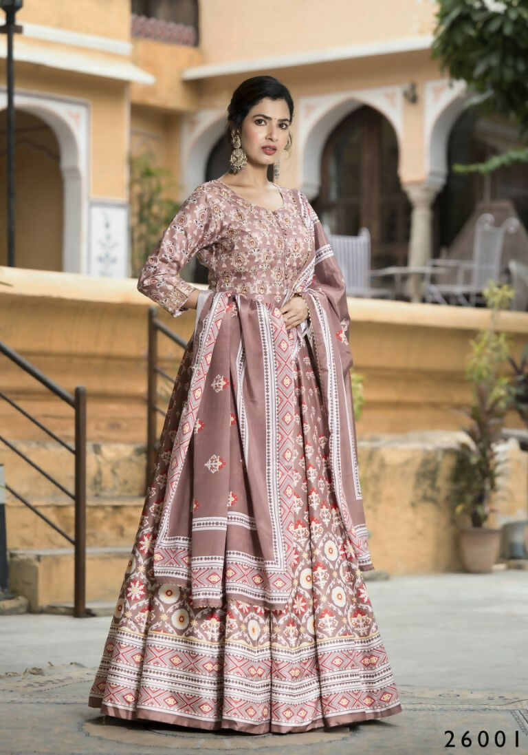 Wedding Designer PaleMauve Soft Dola Silk Anarkali suit with Dupatta - Samanta - Swadesiicart