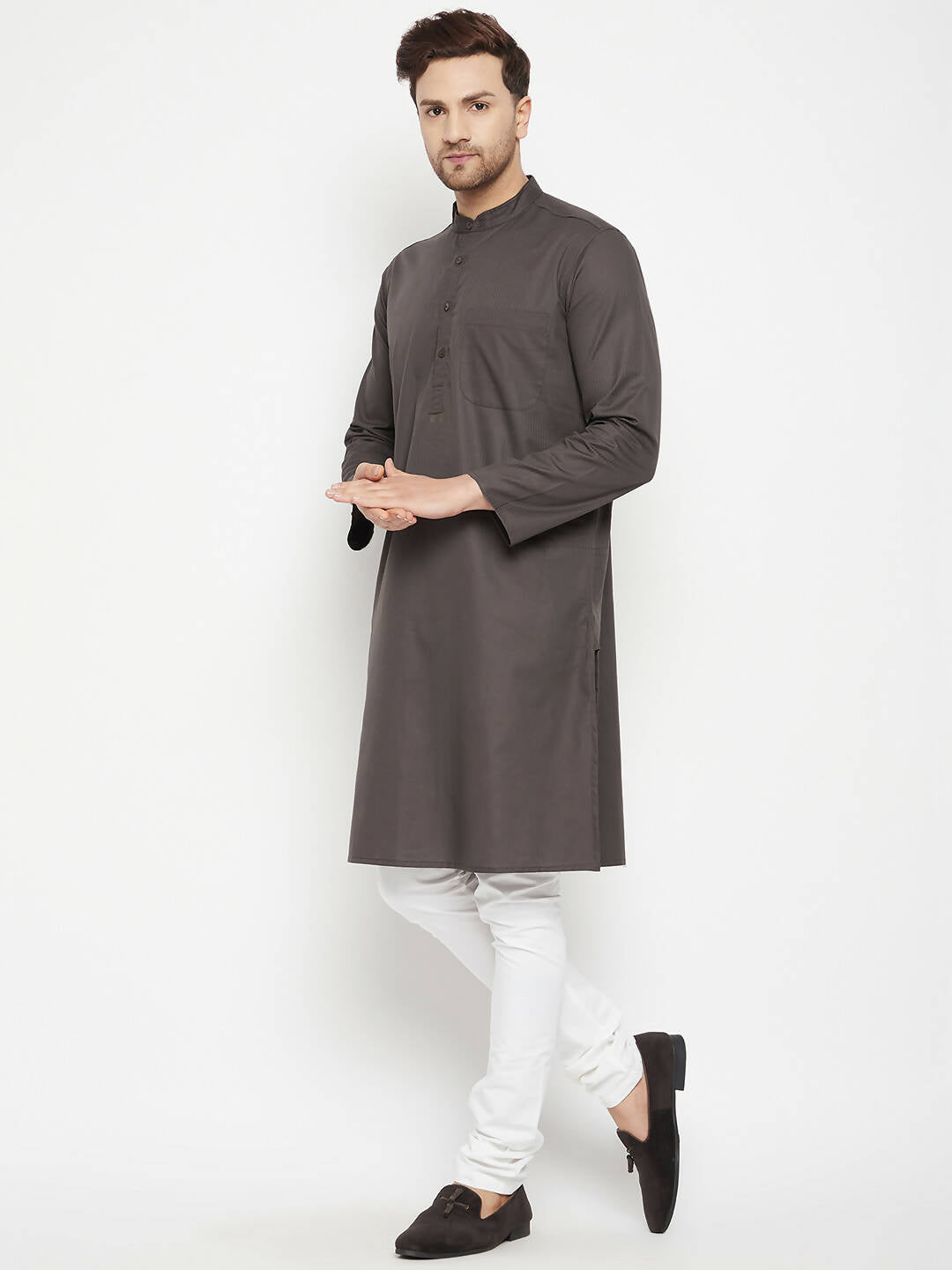 Even Apparels Brown Color Pure Cotton Long Men's Kurta With Band Collar | Swadesiicart