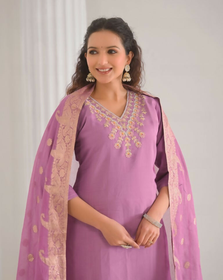 Ethnic Festive Wear Viscose Chanderi Pink Stitched Suit With Dupatta - Tanisha | Swadesiicart