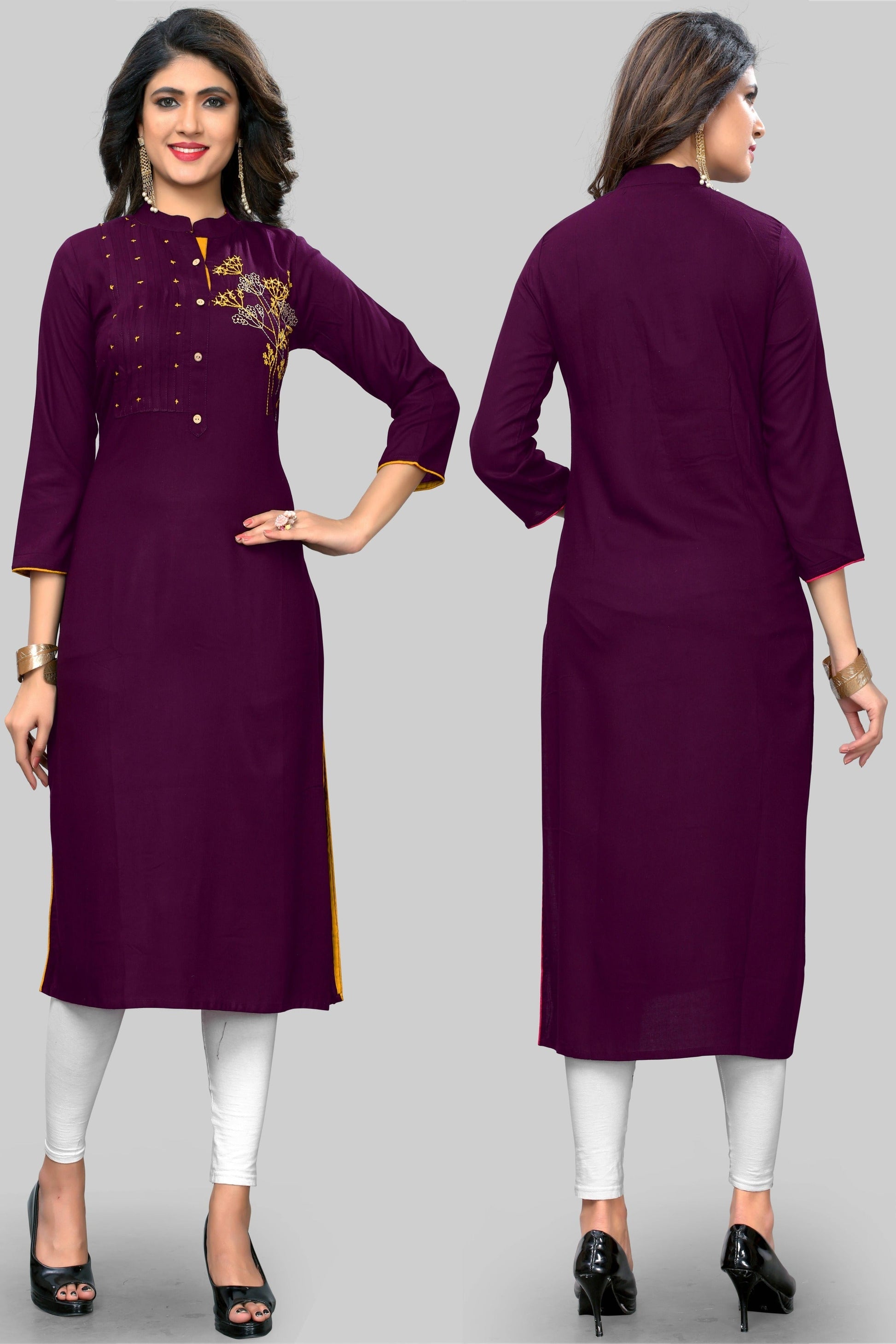 NOZ2TOZ Women's Embroidered Straight Rayon Purple Kurta Only - Swadesiicart