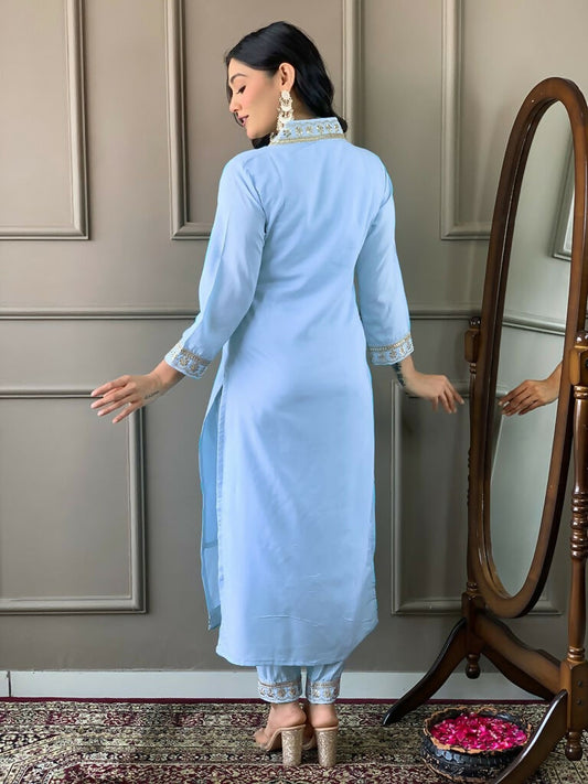 Partywear Designer Viscose Silk Blend Sky Stitched Suit With Dupatta - Tanisha | Swadesiicart