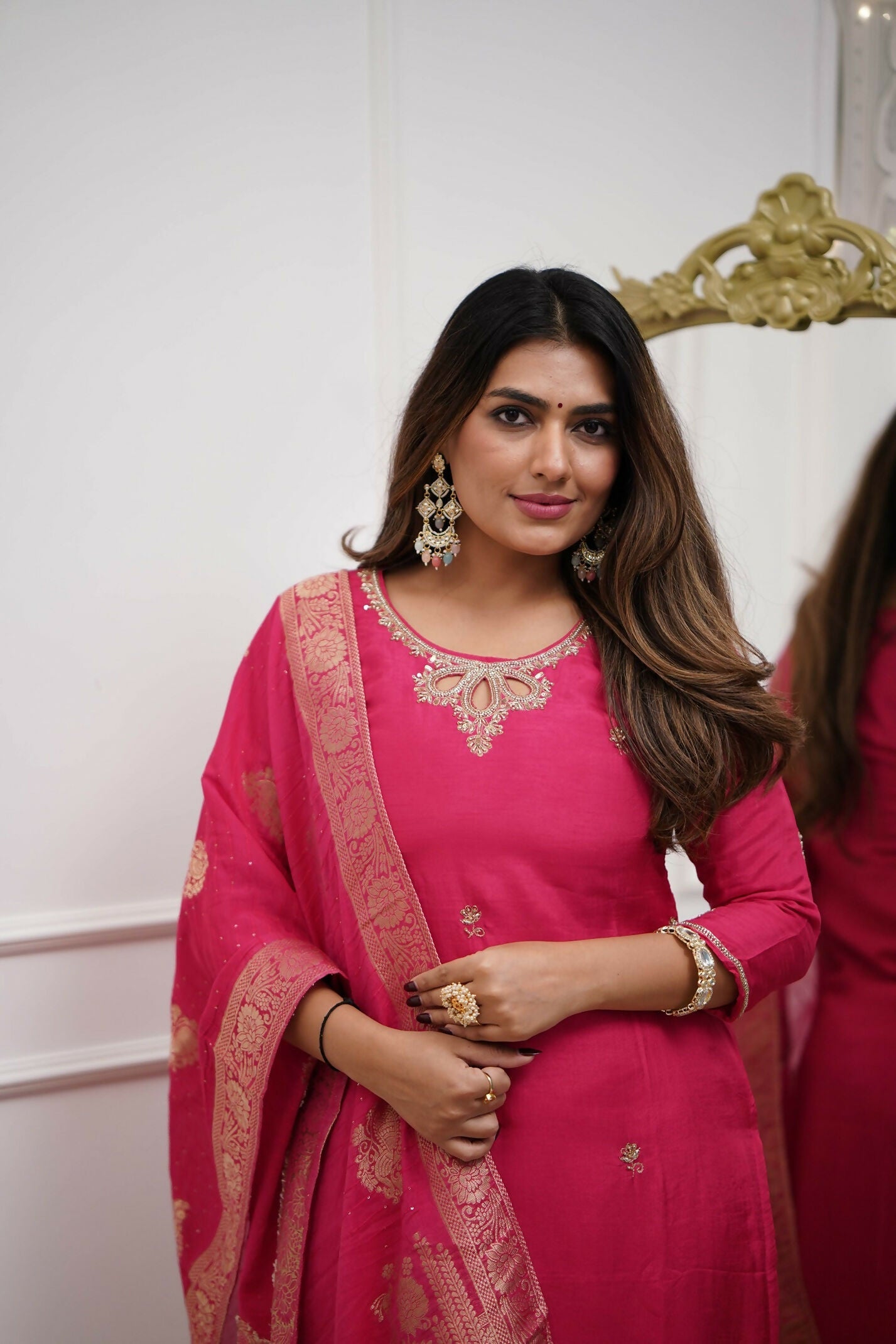 The52 Gajri Women's Gorgeous Embroidered Viscose Chanderi Fabric Straight Kurta Pant with Dupatta Set - Swadesiicart