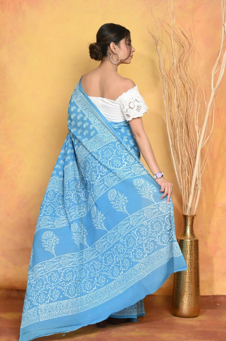 Very Much Indian Handblock Printed Cotton Saree With Natural Dyes - Sky Blue | Swadesiicart