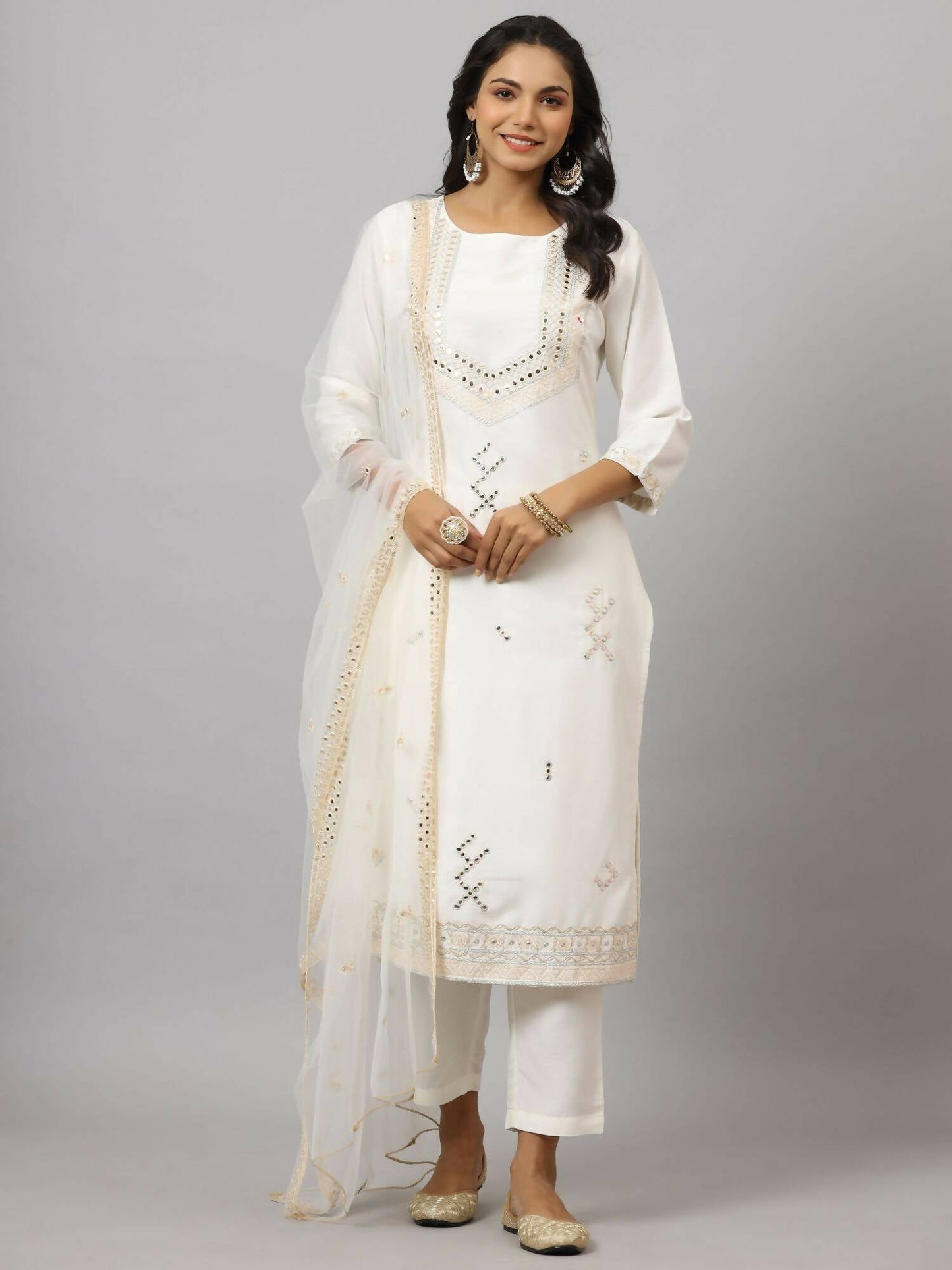 Juniper Women's White Chinnon Solid Embroidered Kurta Set | Swadesiicart