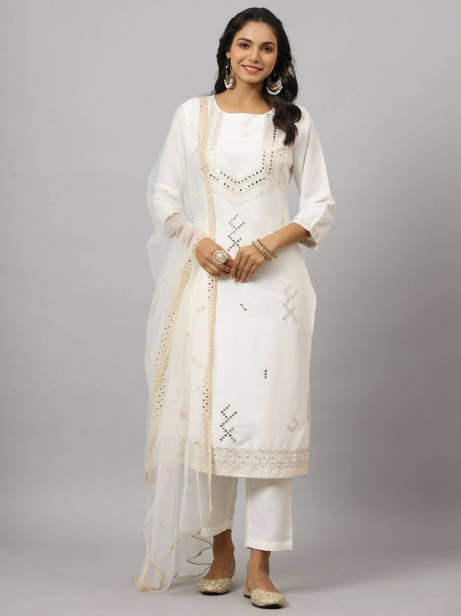 Juniper Women's White Chinnon Solid Embroidered Kurta Set | Swadesiicart