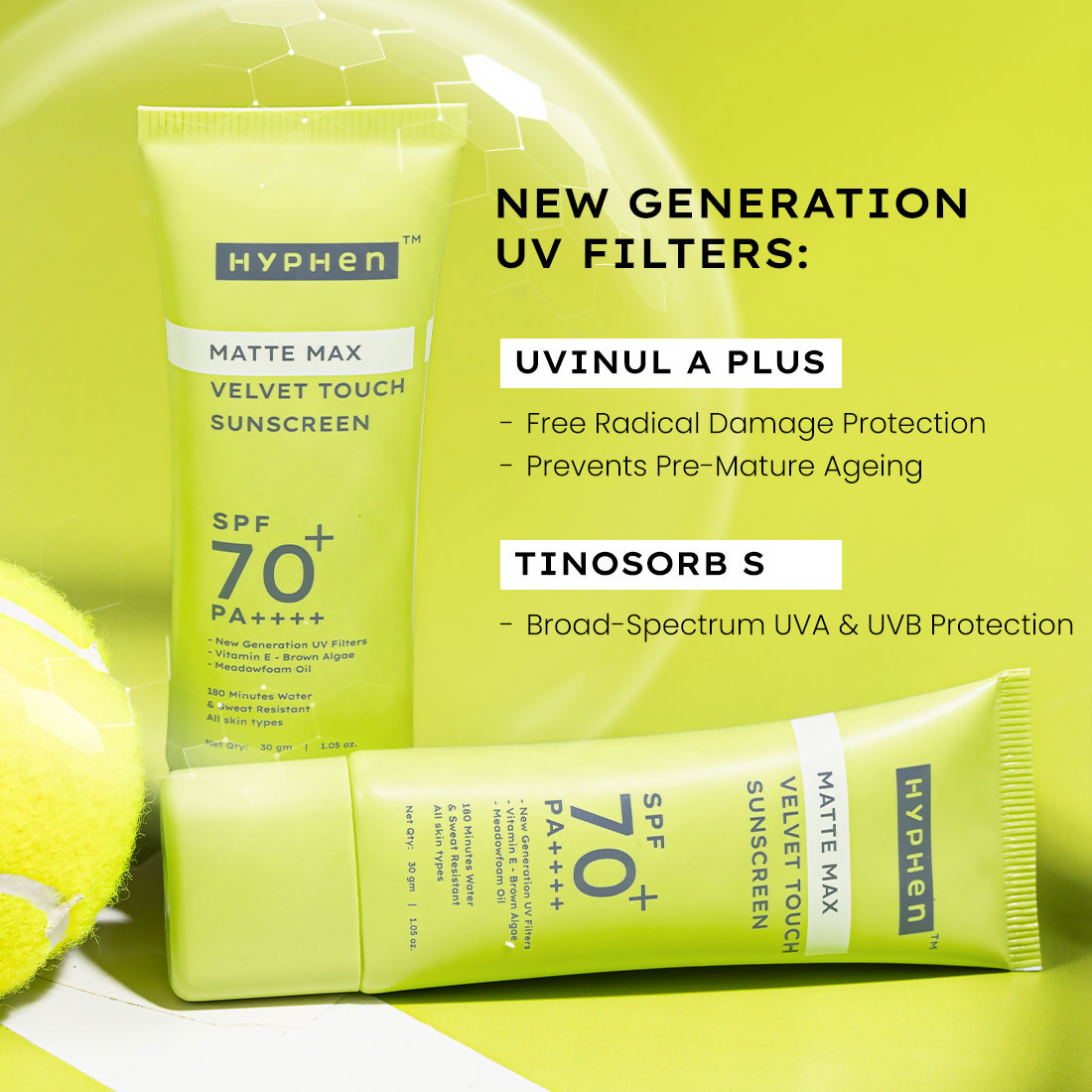 Hyphen Matte Max Velvet Touch Sunscreen SPF70+PA++++ Sweat & Water Resistant 12hr UV Protection | Swadesiicart