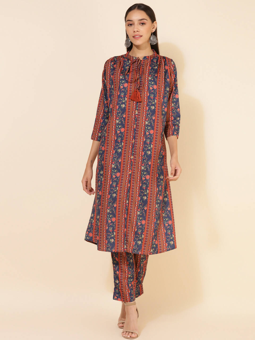 Janasya Women's Blue Crepe Digital Floral Printed Festive A-line Co-ords - Swadesiicart