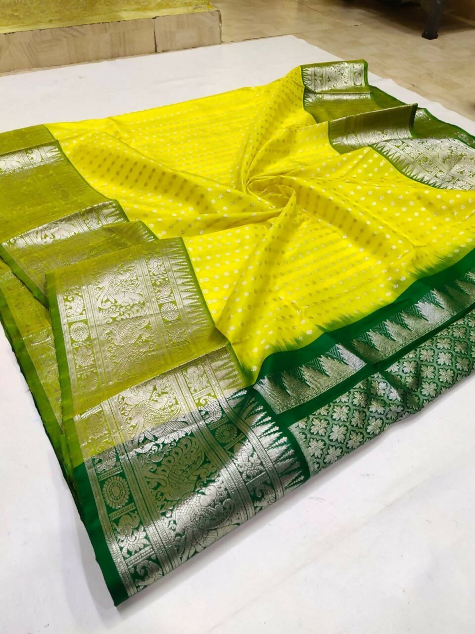 DEIANA'S Beautiful Designer Golden zari Soft Lichi Silk Saree - Yellow - Swadesiicart
