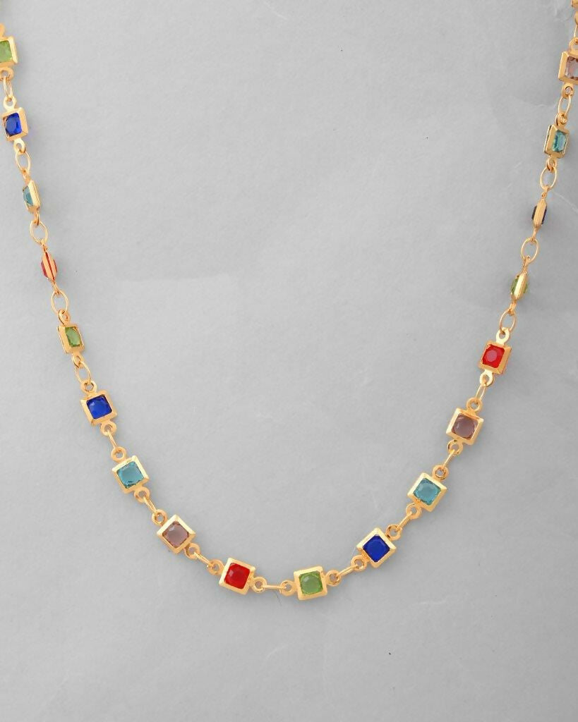 VOJ Women Gold-Polished Square Shaped Multi Color Chain | Swadesiicart
