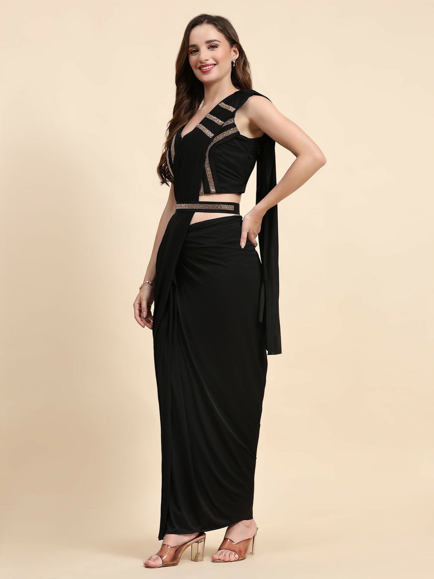 Black Polyester Solid Ready to Wear Saree with stitched Blouse - Nita | Swadesiicart