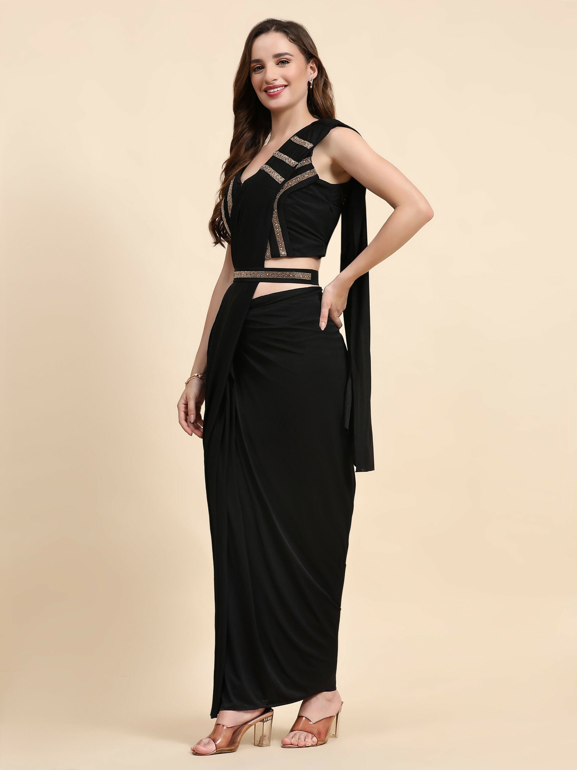 Black Polyester Solid Ready to Wear Saree with stitched Blouse - Nita | Swadesiicart