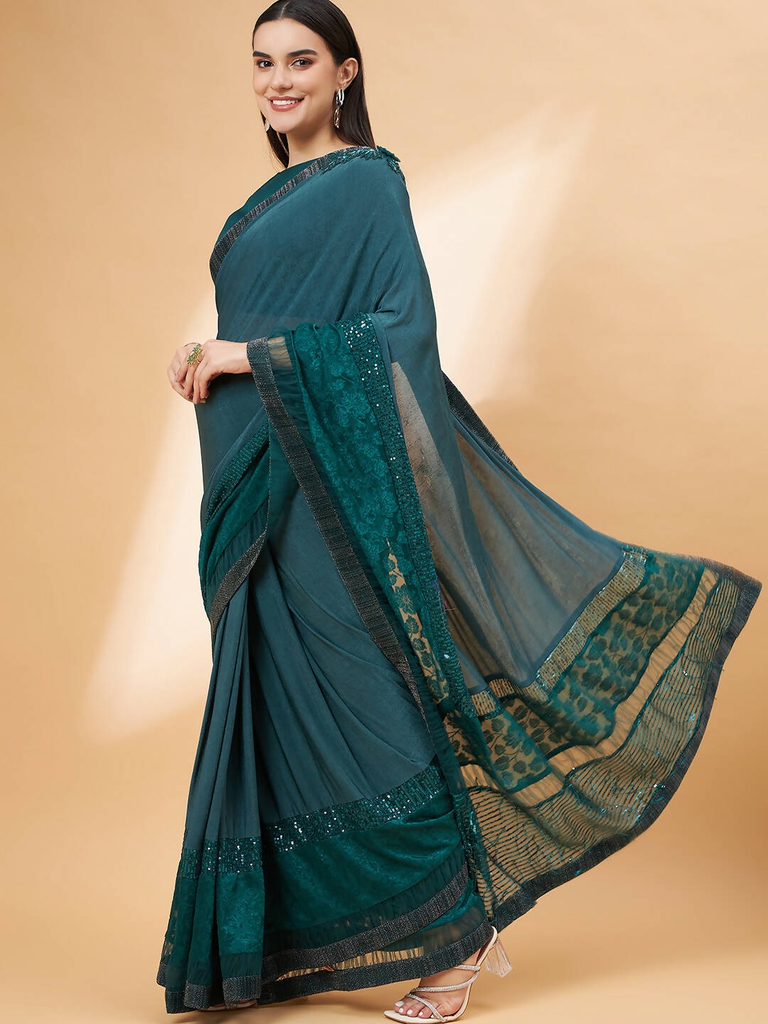 Green Lycra Flock Work, Seuqins Embroidery, Handwork Shoulder Butta Saree - Norita Hit Design - Swadesiicart