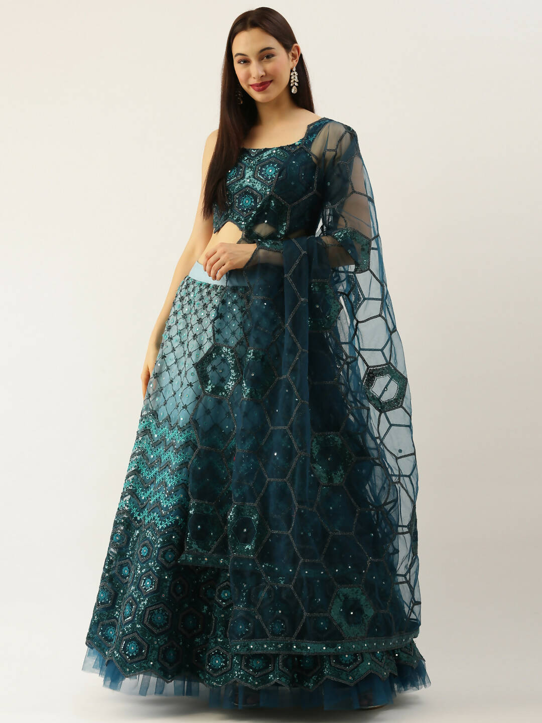 House of Panchhi Women Teal Net Embroidered Sequins Lehenga & Blouse with Dupatta | Swadesiicart