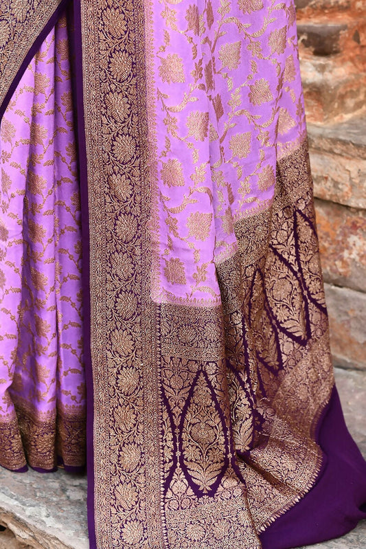 Joban Fashion Lavender Crepe Chiffon Pure Handloom Banarasi Silk Saree | Swadesiicart
