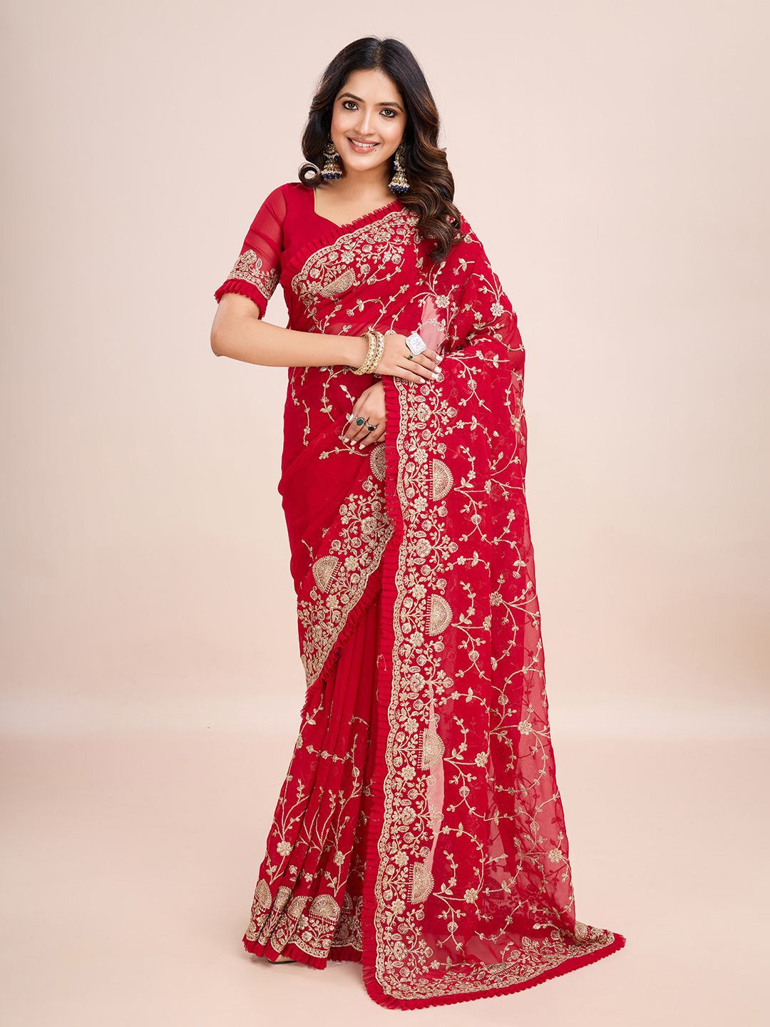kasee Floral Embroidered Pure Georgette Ready to Wear Saree | Swadesiicart