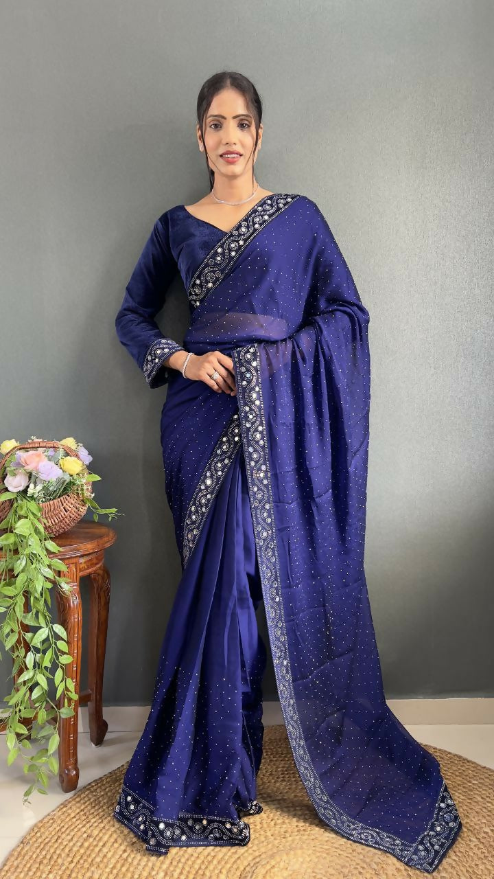 Vastranavya Blue Rangoli Silk Real Mirror work with Swarovski work Ready to Wear Saree | Swadesiicart
