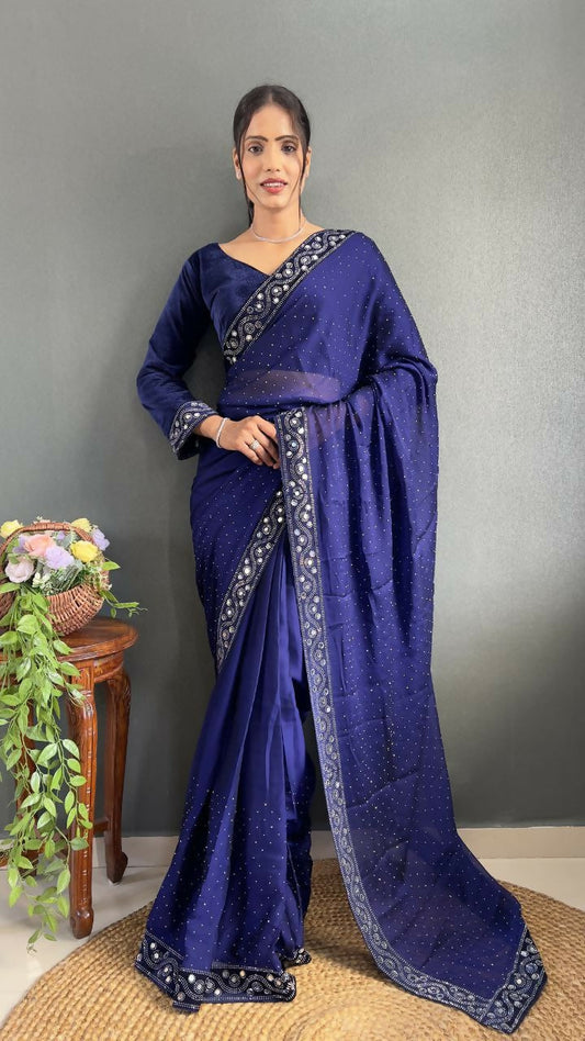 Vastranavya Blue Rangoli Silk Real Mirror work with Swarovski work Ready to Wear Saree | Swadesiicart