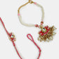 NVR Women & Men Set of 2 Pink Lotus Shape Kundan-Studded & Beaded Wraparound Rakhi Set With Roli Chawal & Chocolate | Swadesiicart