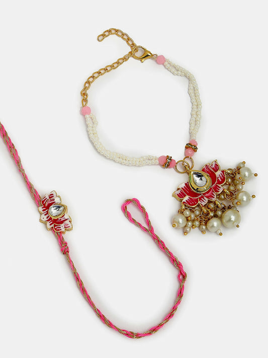 NVR Women & Men Set of 2 Pink Lotus Shape Kundan-Studded & Beaded Wraparound Rakhi Set With Roli Chawal & Chocolate | Swadesiicart