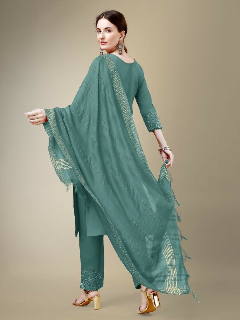 Jyoti Fashion Women's Teal Cotton Blend Embroidery & Fancy Lace work Kurta with Trouser & Dupatta | Swadesiicart