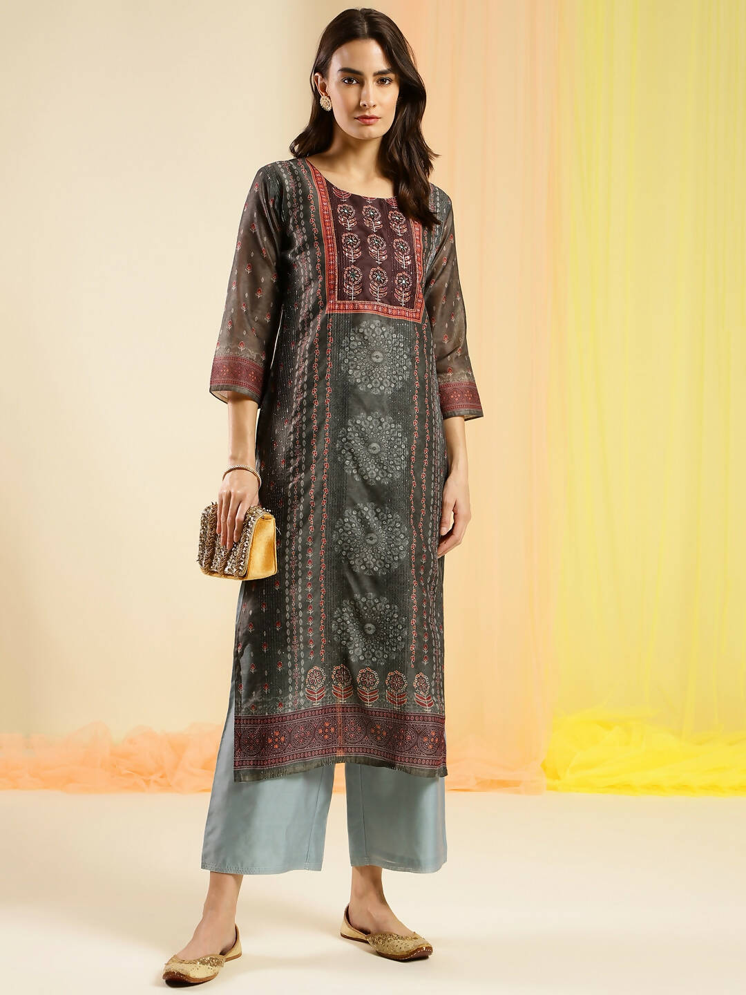 Dark Green Chinon Digital Printed With Hand Work Kurta - Himanshi - Swadesiicart
