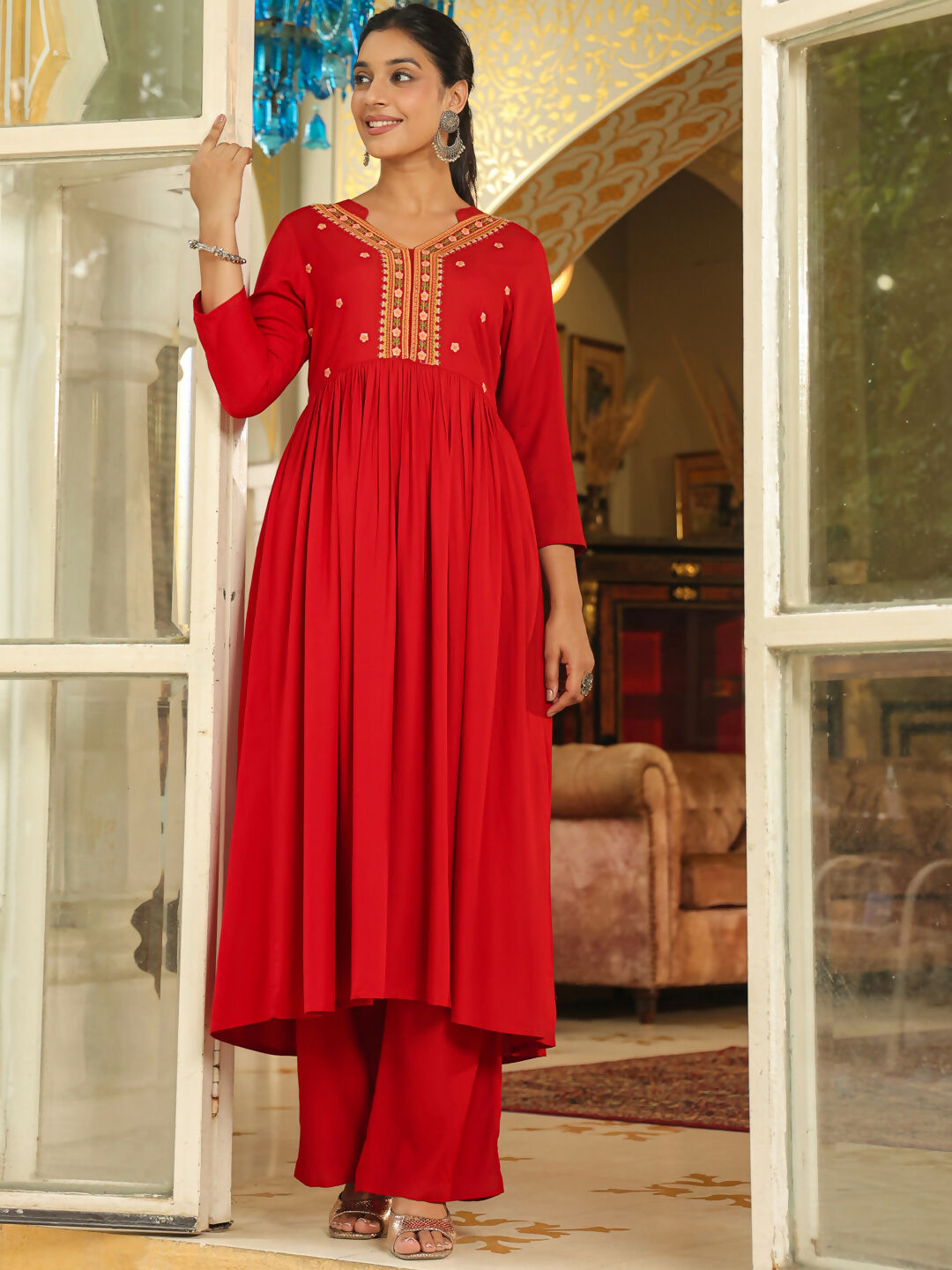 Janasya Maroon Rayon Yoke Embroidery Kurta & Bottom | Swadesiicart