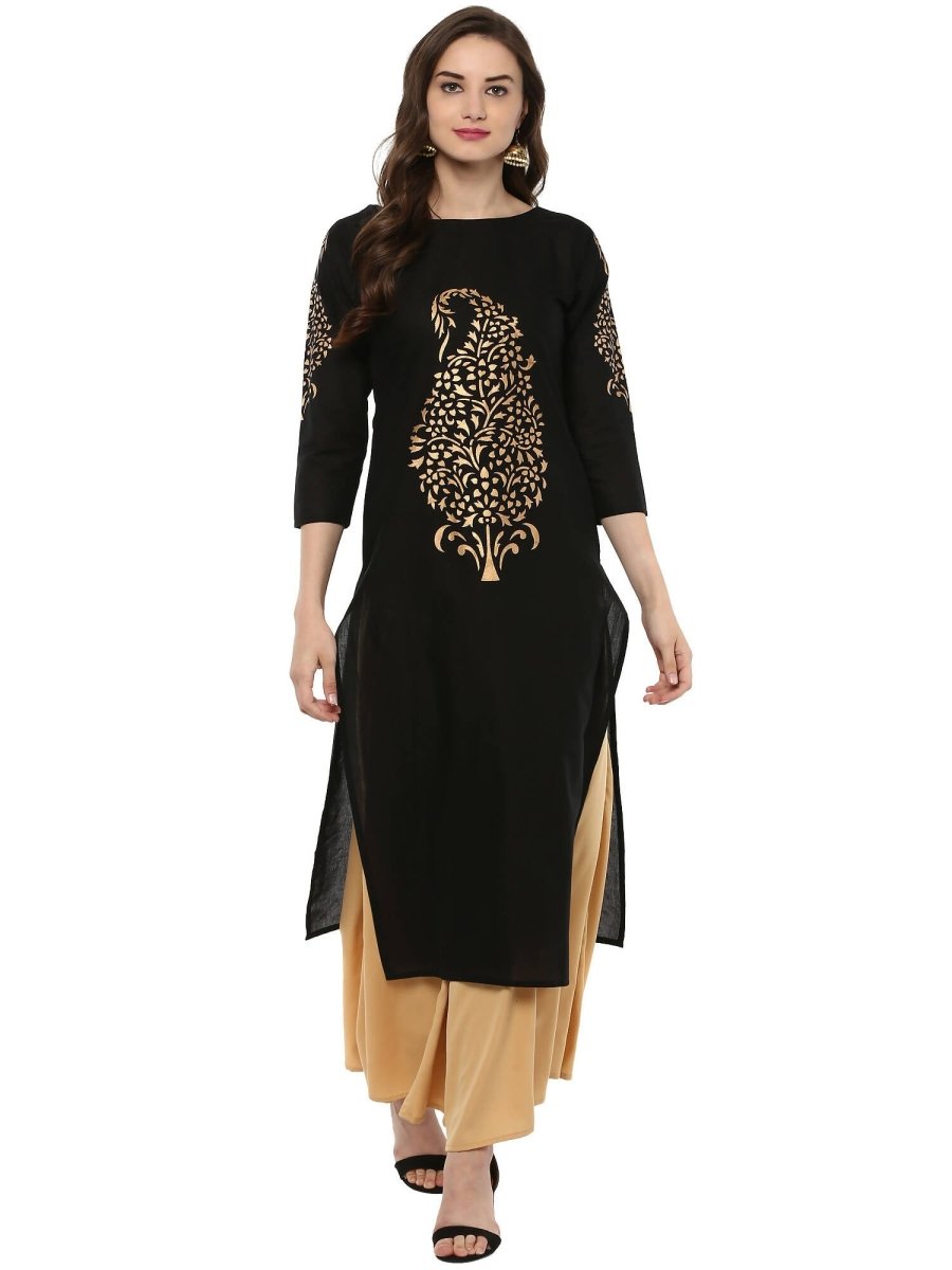 Ahalyaa Black Chanderi Gold Print Kurta | Swadesiicart