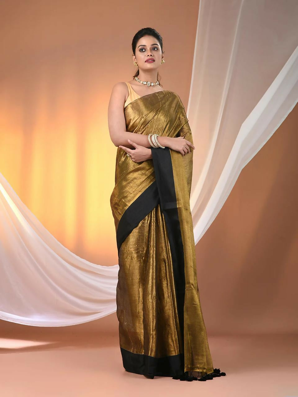 Exclusive Collection Beautiful Copper Black Tissue Silk Hand Weavinghandloomsaree With Running Blouse Piece - Swadesiicart