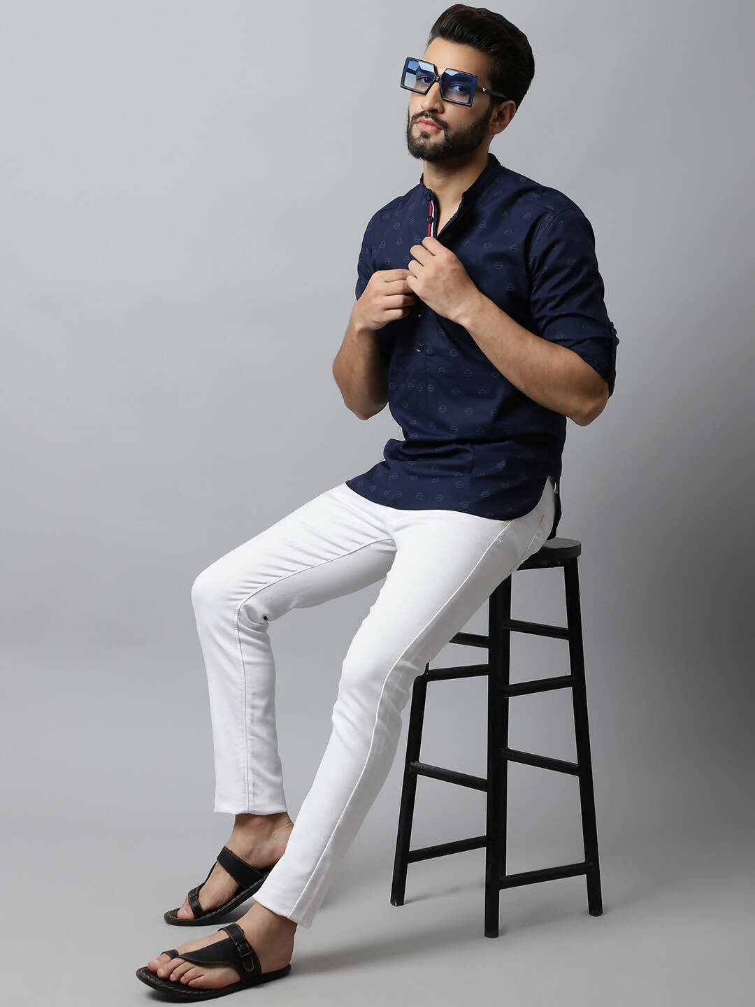 Even Apparels Navy blue Color Pure Cotton Men's Kurta With Band Collar (PRT1184) | Swadesiicart