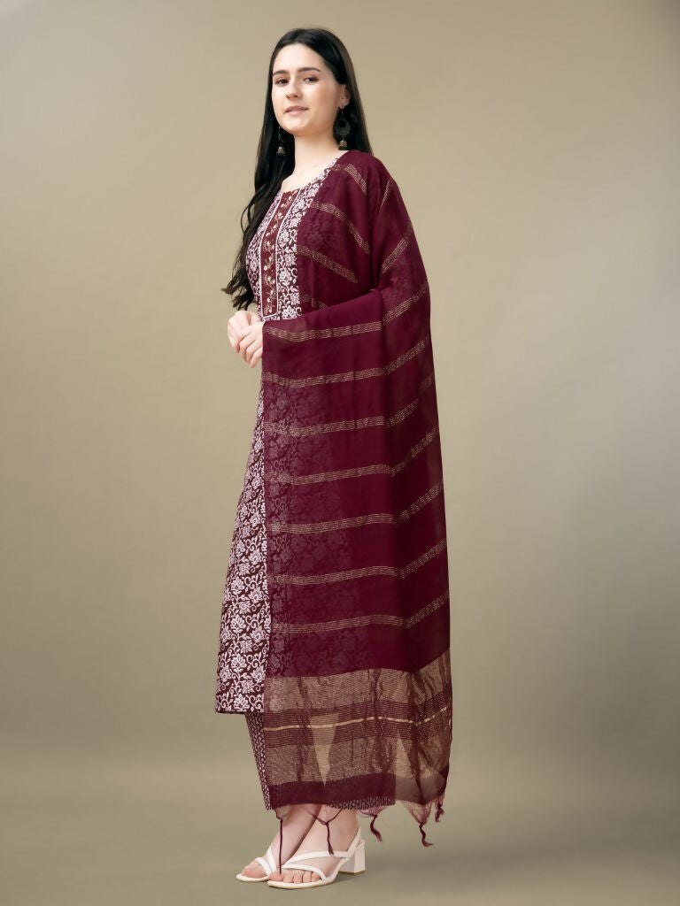 Jyoti Fashion Women's Maroon Rayon Embroidery & Sequence work Kurta with Trouser & Dupatta | Swadesiicart