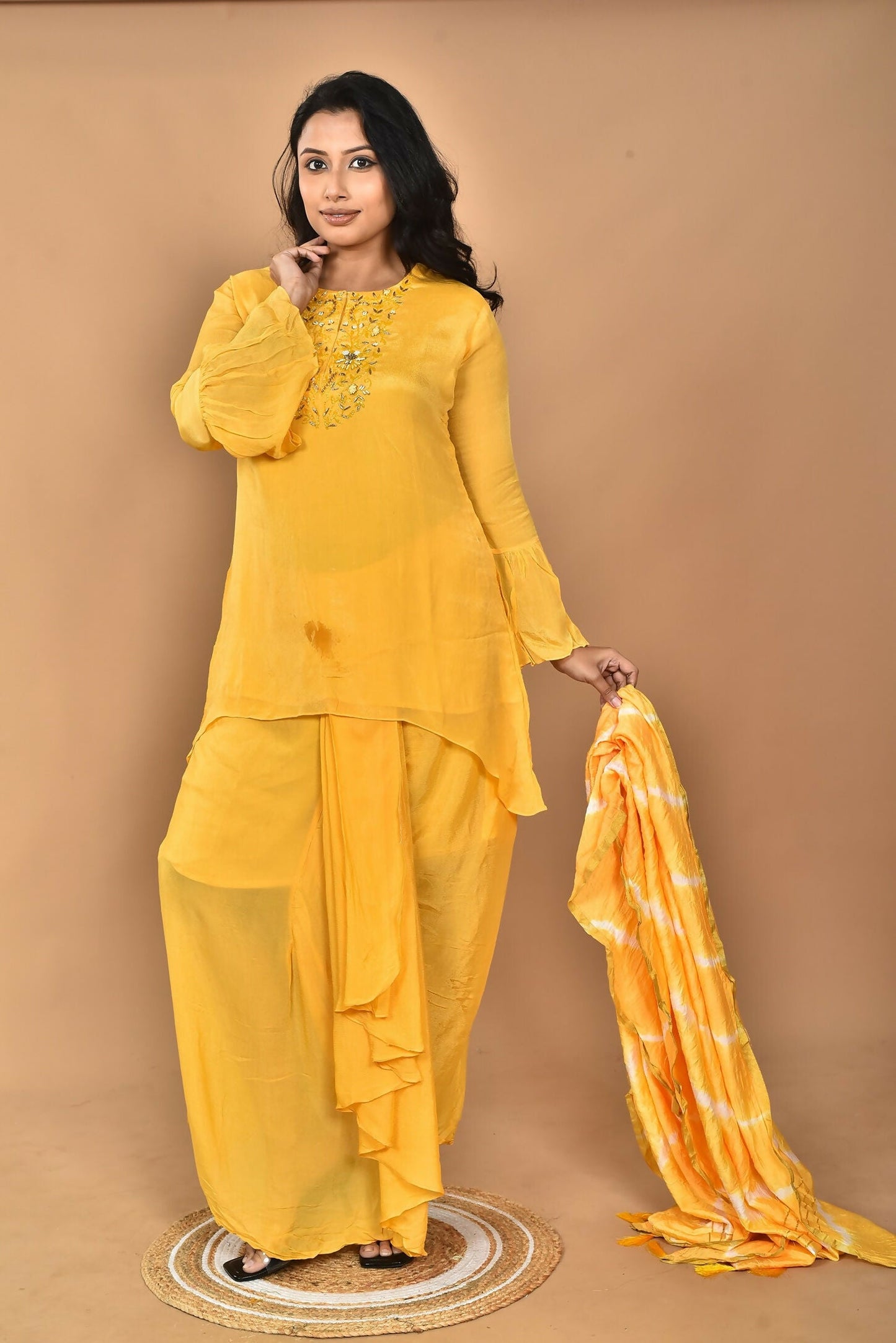 Morchari Women And Hand Embroidery Palazzo Set-Yellow - Swadesiicart