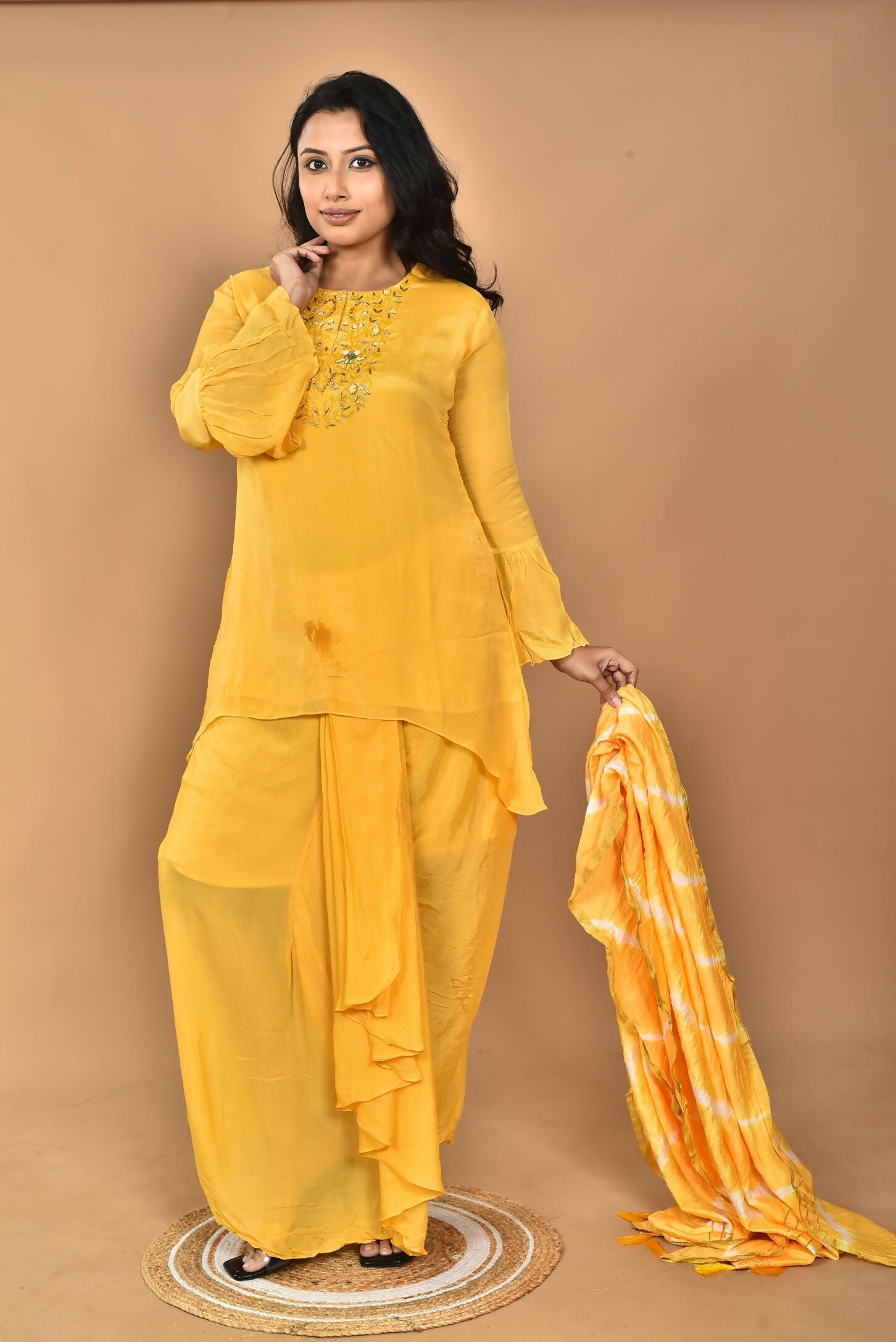 Morchari Women And Hand Embroidery Palazzo Set-Yellow - Swadesiicart