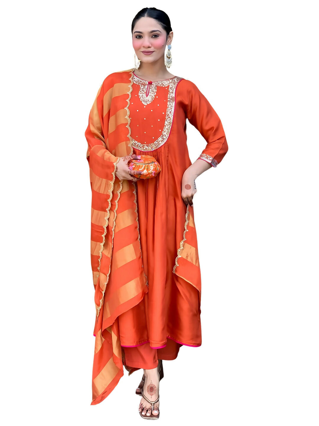 The52 Rust Women's Gorgeous Embroidered Work Chanderi Fabric Flared Kurta Pant and Dupatta Set - Swadesiicart