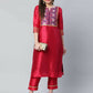 Ahalyaa Womens Red Art Silk Printed Kurta Pant Set | Swadesiicart