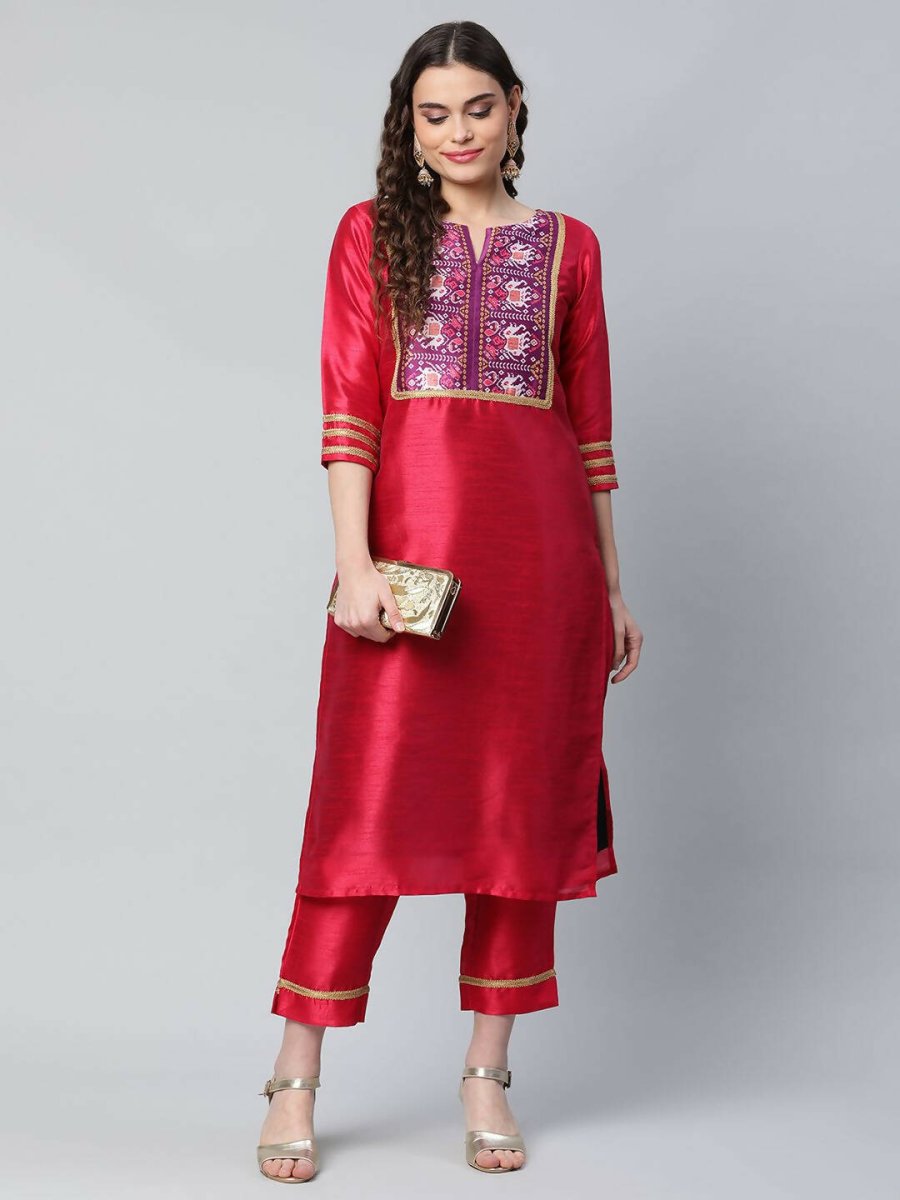 Ahalyaa Womens Red Art Silk Printed Kurta Pant Set | Swadesiicart