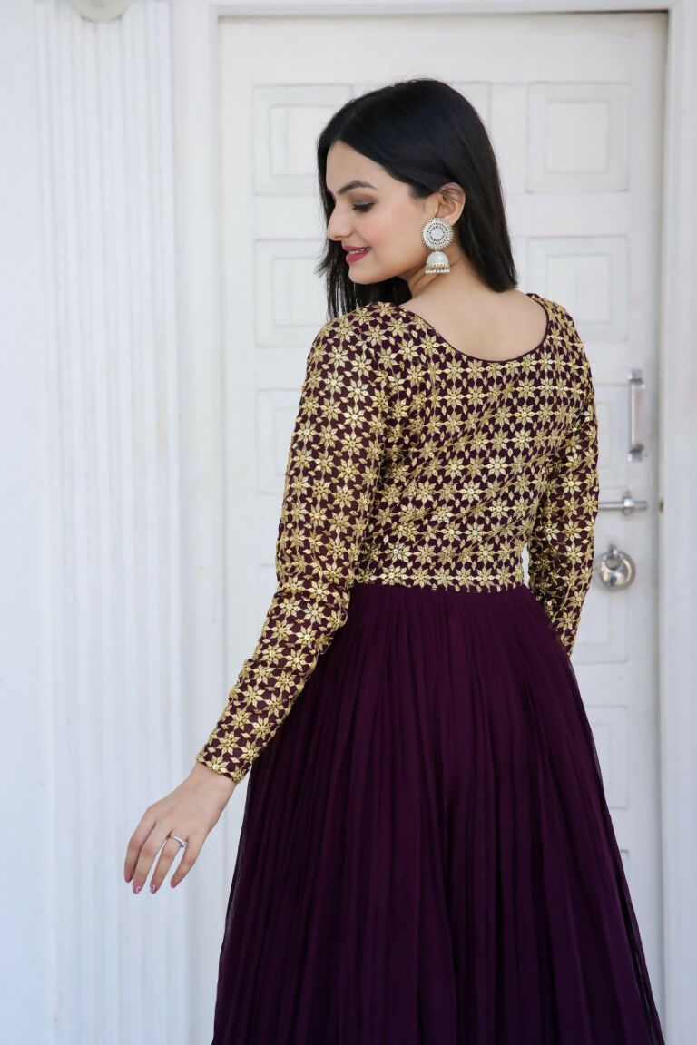 Jyoti Fashion Women's Wine Sequence Zari Embroidered Faux Blooming Anarkali Dress | Swadesiicart