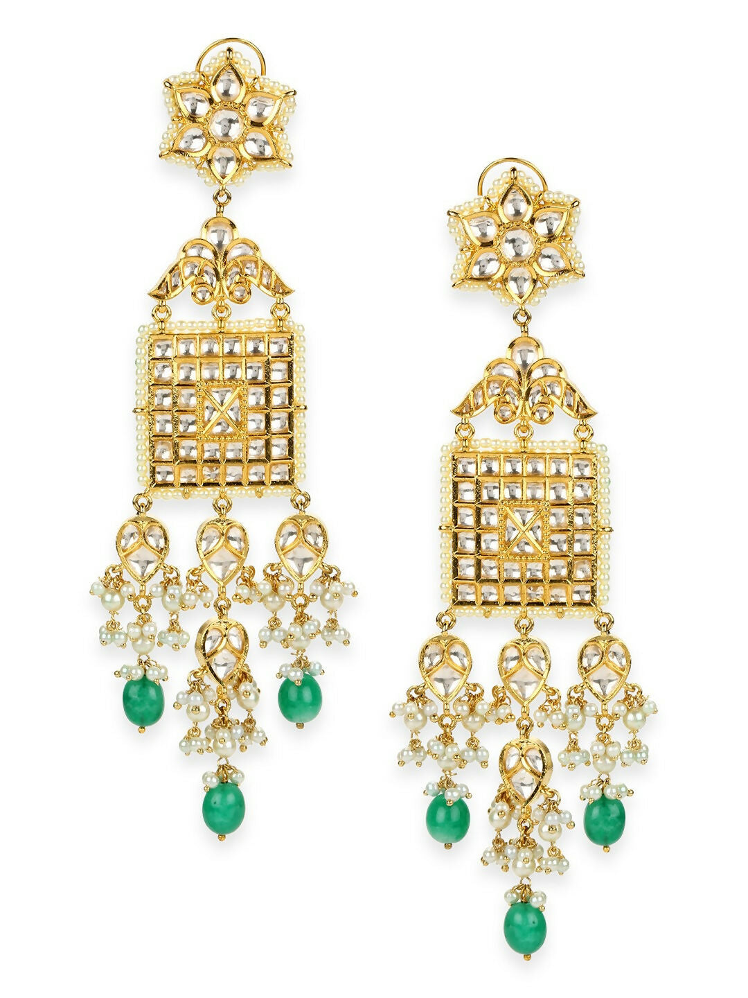 Long Kundan Earrings with Green Stone- Ruby Raang | Swadesiicart