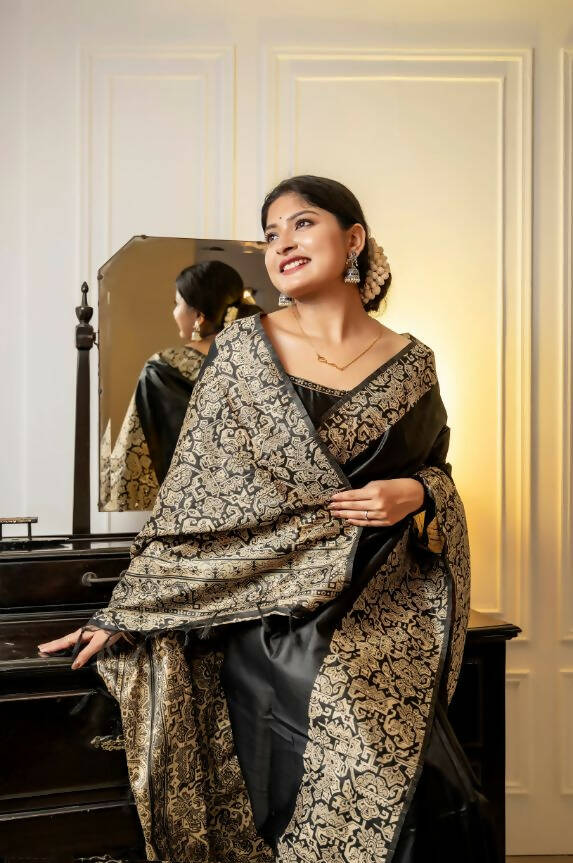 Vishnu Weaves Women's Black Handloom Raw Silk Woven Border Saree with Unstitched Blouse - Swadesiicart