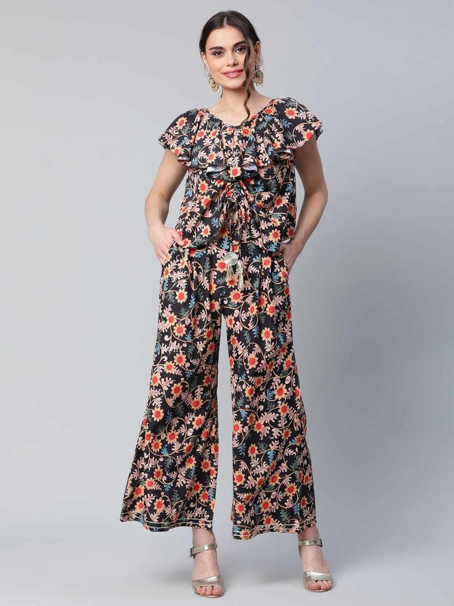 Ahalyaa Women Black Crepe Digital Print Top with Palazzo Set | Swadesiicart