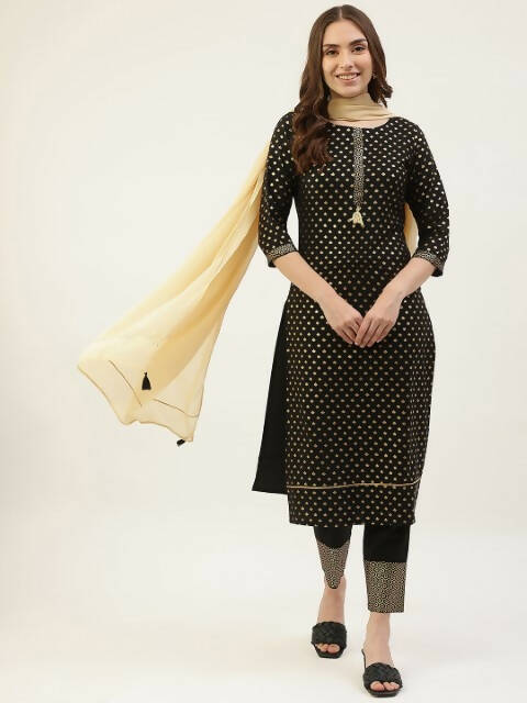 FIORRA Women's Black Poly Crepe Straight Kurta Pant With Dupatta - Swadesiicart