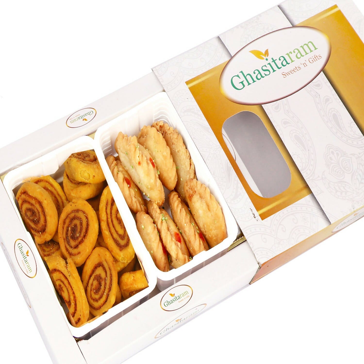 Ghasitaram Holi Gifts: Gujiya and Bakarwadi Hamper | Swadesiicart