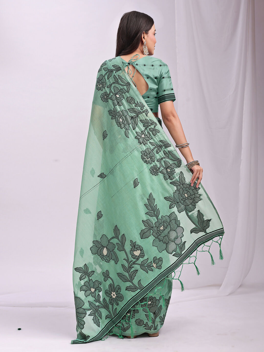 Shree Shyam Fashion Kashira Rama Green Linen Cotton Saree