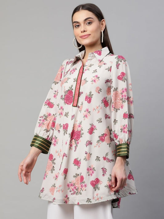 Ahalyaa Women Beige Crepe Digital Floral Print Tunic | Swadesiicart