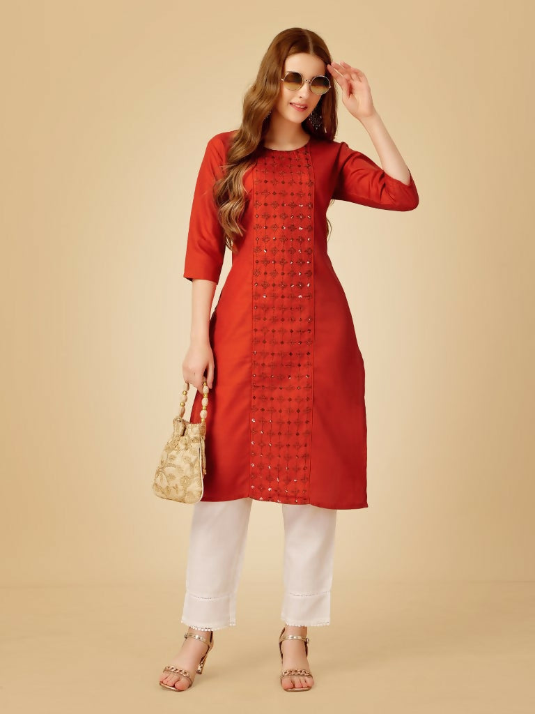 Jyoti Fashion Women's Rust Cotton Blend Embroidered Kurta Pant Set | Swadesiicart