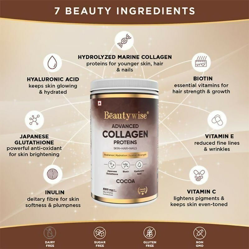 Beautywise Advanced Marine Collagen Anti-Aging Powder - Glutathione, HA & Biotin - Cocoa | Swadesiicart